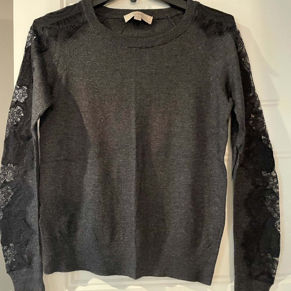LOFT Grey Crewneck Sweater with Black Lace Detail